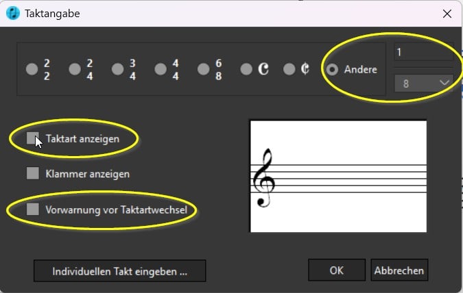 Musiksoftware: Taktart und Einstellungen anpassen.