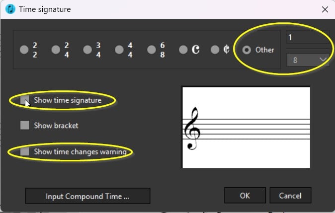 Music software time signature settings interface.