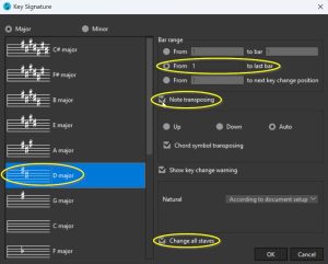 TransponierenEN Music key signature settings window with options highlighted.