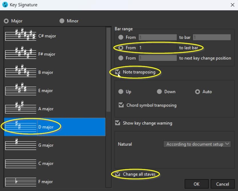 Music key signature settings window with options highlighted.