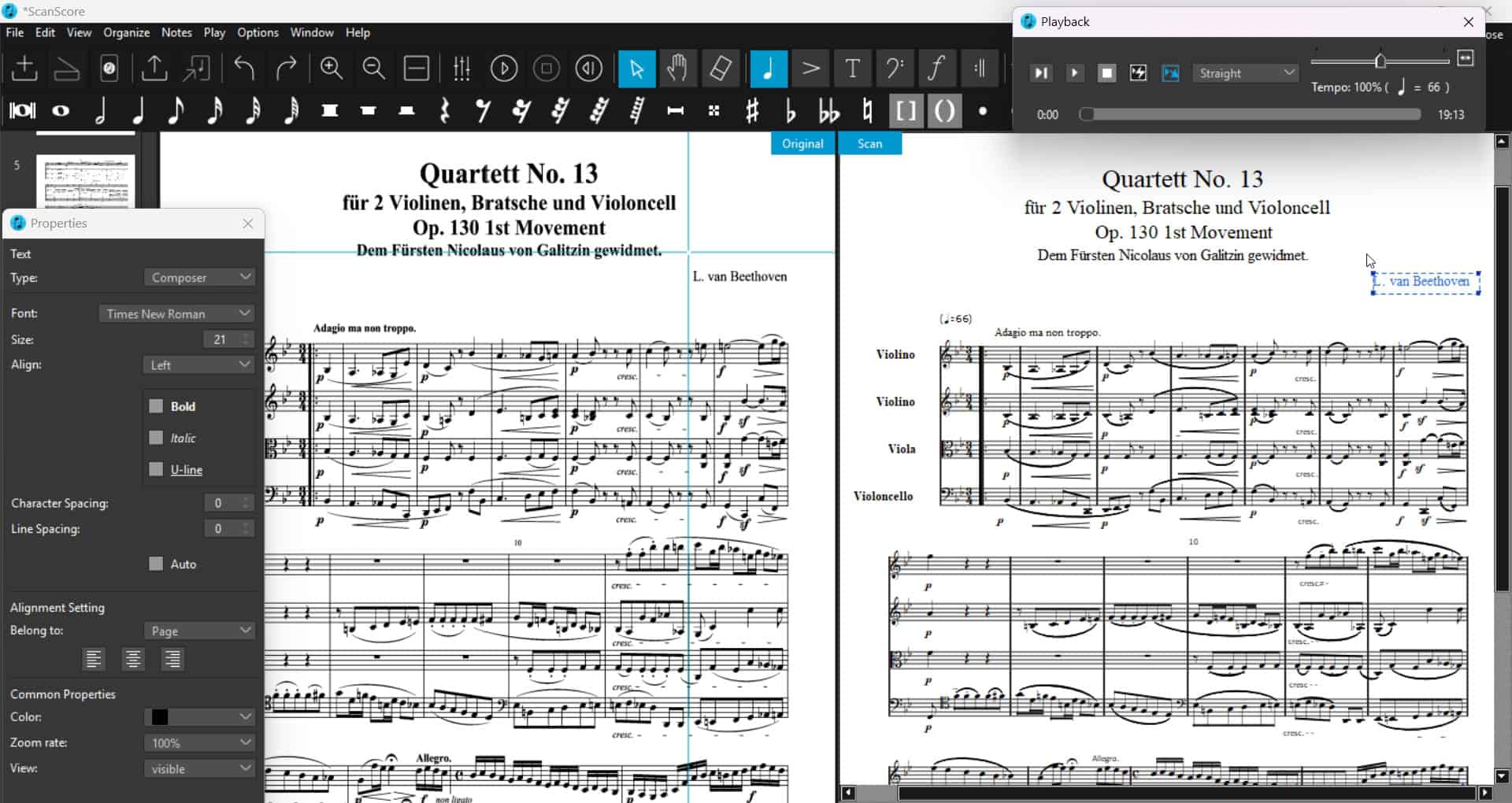 BeethovenQuartet No. 13 music score displayed in software.