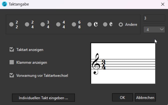 Taktangabe1 Time signature selection menu with musical options.