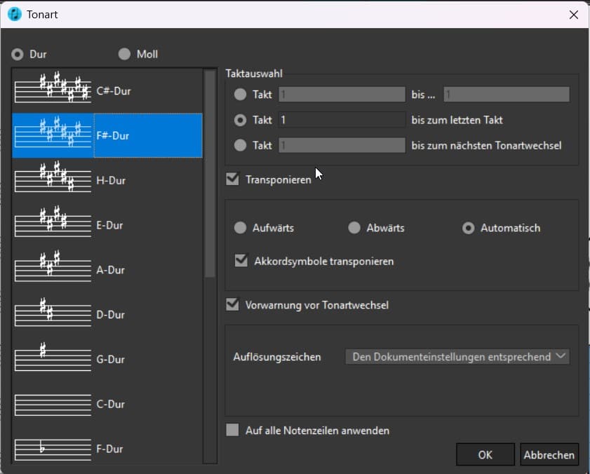 Transponieren1 Music software key signature selection dialog with options.